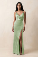 Spaghetti Strap Sheath Satin Ruched Bridesmaid Dress in Sage - KissProm Bridesmaid Dresses