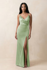 Spaghetti Strap Sheath Satin Ruched Bridesmaid Dress in Sage - KissProm Bridesmaid Dresses