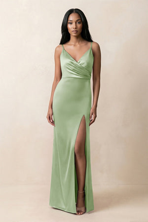 Spaghetti Strap Sheath Satin Ruched Bridesmaid Dress in Sage - KissProm Bridesmaid Dresses