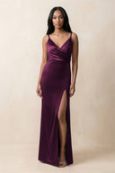 Spaghetti Strap Sheath Satin Ruched Bridesmaid Dress in Sangria - KissProm Bridesmaid Dresses