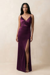 Spaghetti Strap Sheath Satin Ruched Bridesmaid Dress in Sangria - KissProm Bridesmaid Dresses