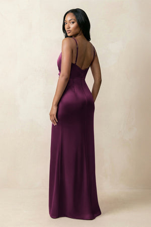 Spaghetti Strap Sheath Satin Ruched Bridesmaid Dress in Sangria - KissProm Bridesmaid Dresses