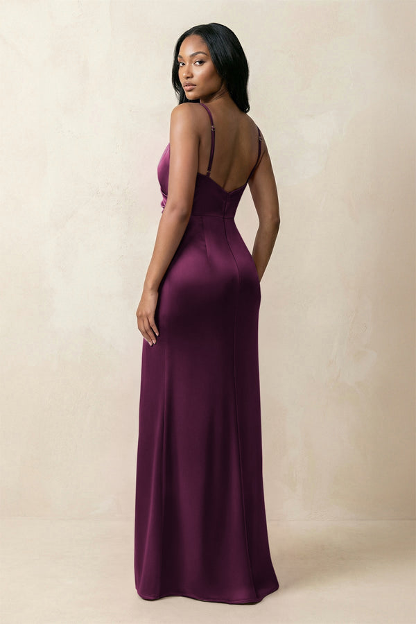 Spaghetti Strap Sheath Satin Ruched Bridesmaid Dress in Sangria - KissProm Bridesmaid Dresses