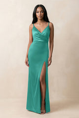 Spaghetti Strap Sheath Satin Ruched Bridesmaid Dress in Sea Glass - KissProm Bridesmaid Dresses