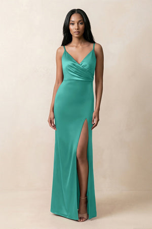 Spaghetti Strap Sheath Satin Ruched Bridesmaid Dress in Sea Glass - KissProm Bridesmaid Dresses