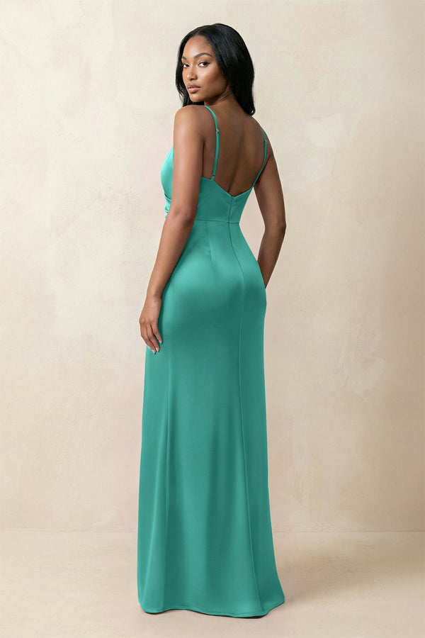 Spaghetti Strap Sheath Satin Ruched Bridesmaid Dress in Sea Glass - KissProm Bridesmaid Dresses