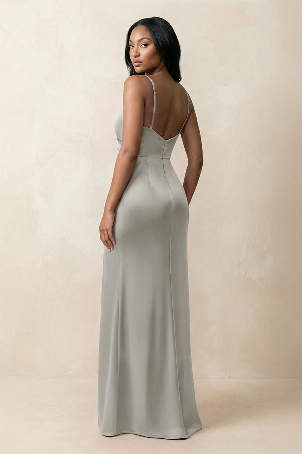 Spaghetti Strap Sheath Satin Ruched Bridesmaid Dress in Silver - KissProm Bridesmaid Dresses