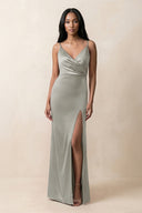 Spaghetti Strap Sheath Satin Ruched Bridesmaid Dress in Silver - KissProm Bridesmaid Dresses