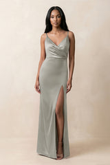 Spaghetti Strap Sheath Satin Ruched Bridesmaid Dress in Silver - KissProm Bridesmaid Dresses