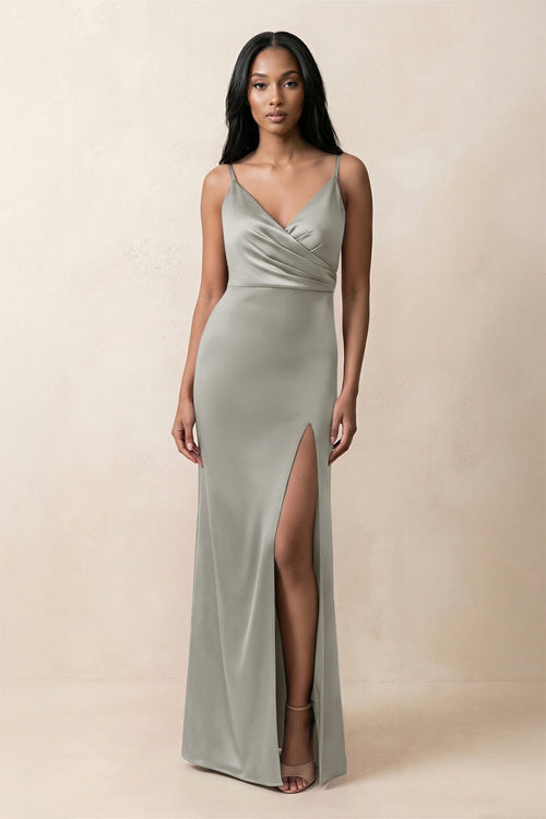 Spaghetti Strap Sheath Satin Ruched Bridesmaid Dress in Silver - KissProm Bridesmaid Dresses