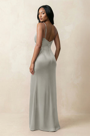 Spaghetti Strap Sheath Satin Ruched Bridesmaid Dress in Silver - KissProm Bridesmaid Dresses