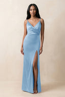 Spaghetti Strap Sheath Satin Ruched Bridesmaid Dress in Sky Blue - KissProm Bridesmaid Dresses