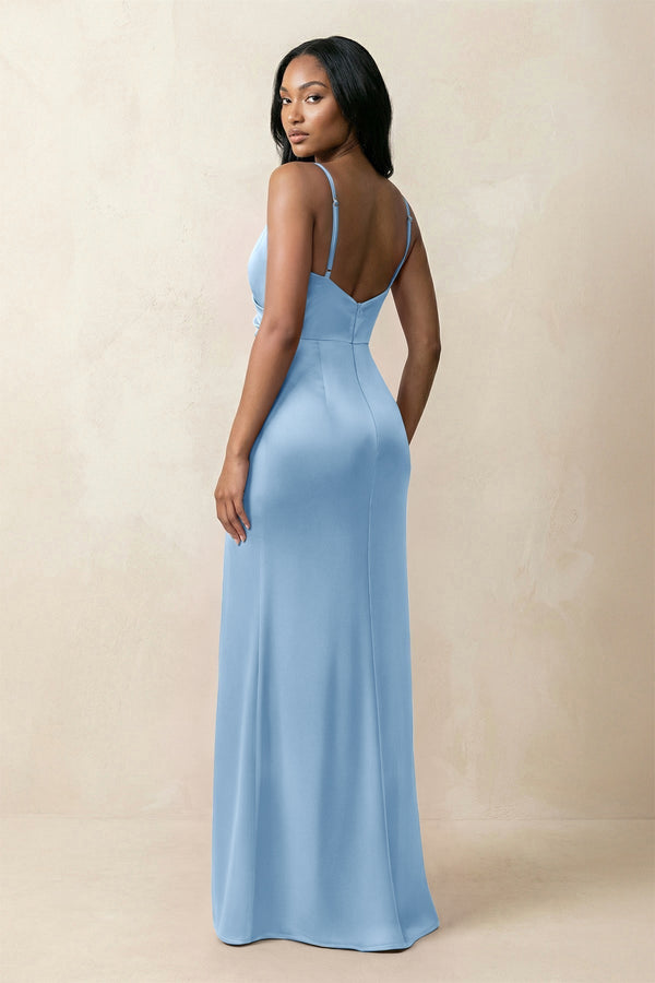 Spaghetti Strap Sheath Satin Ruched Bridesmaid Dress in Sky Blue - KissProm Bridesmaid Dresses