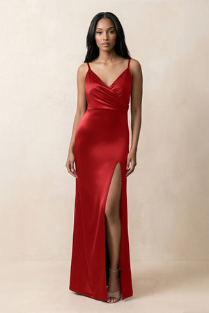 Spaghetti Strap Sheath Satin Ruched Bridesmaid Dress in Spice - KissProm Bridesmaid Dresses