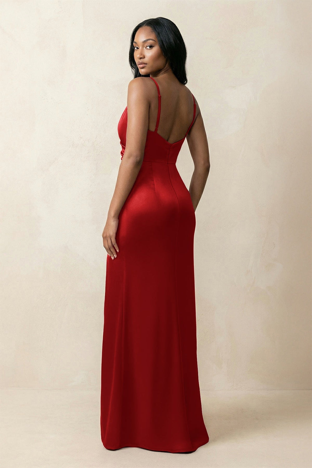 Spaghetti Strap Sheath Satin Ruched Bridesmaid Dress in Spice - KissProm Bridesmaid Dresses