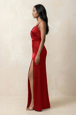 Spaghetti Strap Sheath Satin Ruched Bridesmaid Dress in Spice - KissProm Bridesmaid Dresses