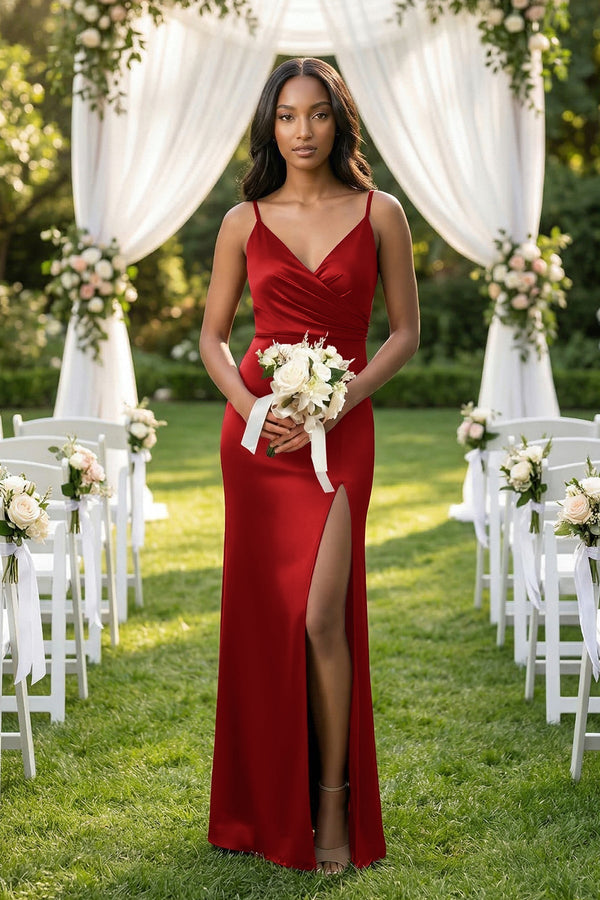 Spaghetti Strap Sheath Satin Ruched Bridesmaid Dress in Spice - KissProm Bridesmaid Dresses