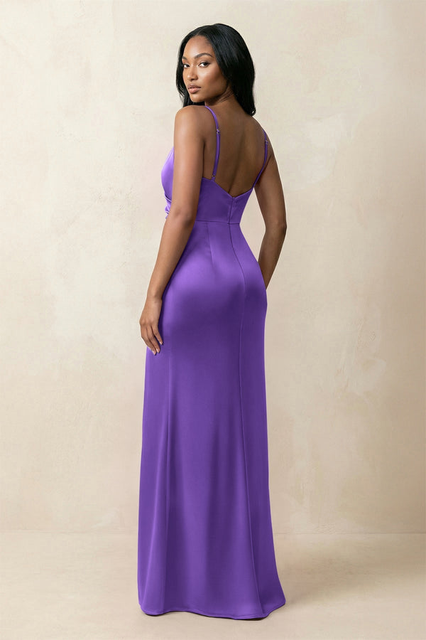 Spaghetti Strap Sheath Satin Ruched Bridesmaid Dress in Tahiti - KissProm Bridesmaid Dresses