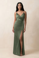 Spaghetti Strap Sheath Satin Ruched Bridesmaid Dress in Thyme - KissProm Bridesmaid Dresses