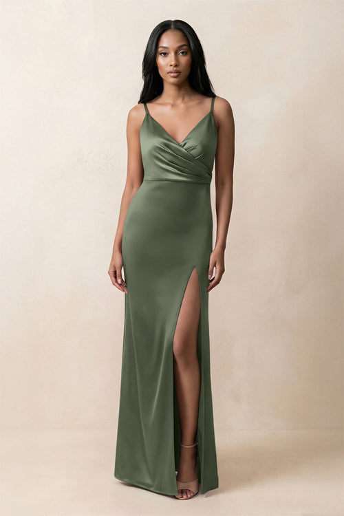 Spaghetti Strap Sheath Satin Ruched Bridesmaid Dress in Thyme - KissProm Bridesmaid Dresses