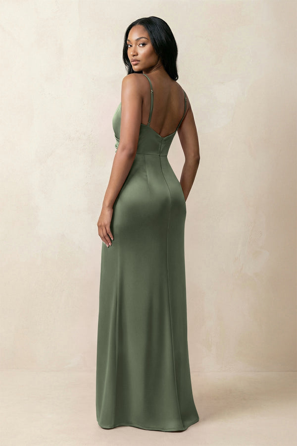 Spaghetti Strap Sheath Satin Ruched Bridesmaid Dress in Thyme - KissProm Bridesmaid Dresses