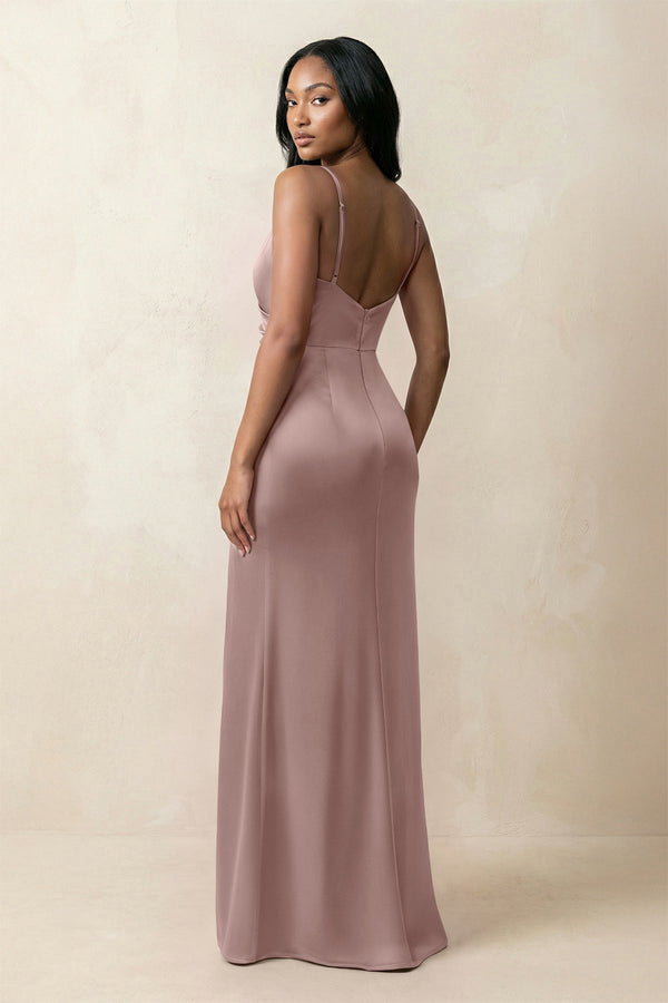Spaghetti Strap Sheath Satin Ruched Bridesmaid Dress in Toffee - KissProm Bridesmaid Dresses