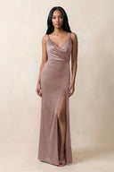 Spaghetti Strap Sheath Satin Ruched Bridesmaid Dress in Toffee - KissProm Bridesmaid Dresses