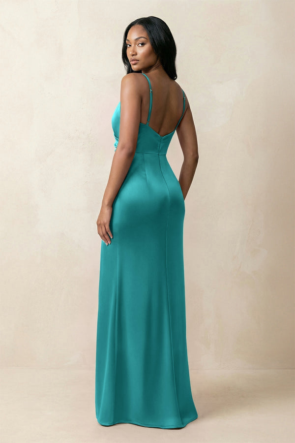 Spaghetti Strap Sheath Satin Ruched Bridesmaid Dress in Turquoise - KissProm Bridesmaid Dresses