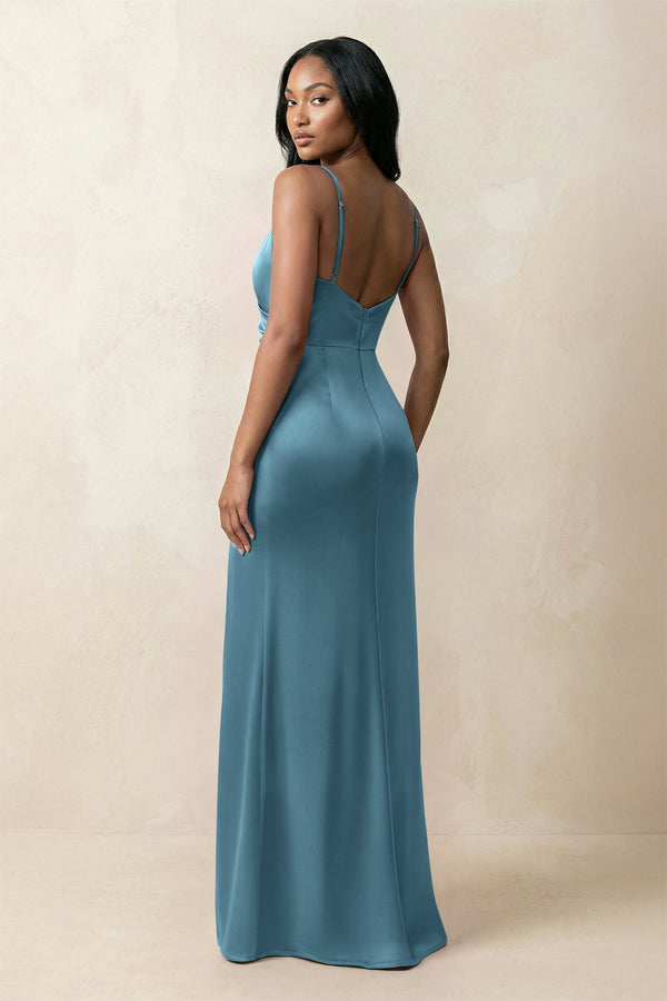 Spaghetti Strap Sheath Satin Ruched Bridesmaid Dress in Twilight - KissProm Bridesmaid Dresses