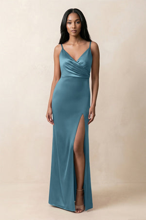 Spaghetti Strap Sheath Satin Ruched Bridesmaid Dress in Twilight - KissProm Bridesmaid Dresses