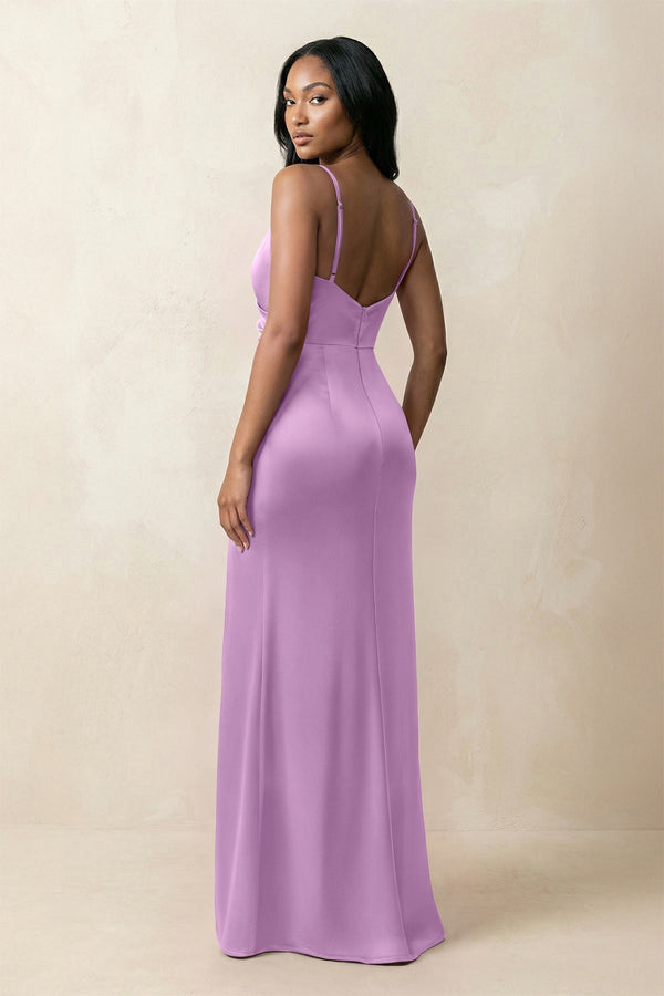 Spaghetti Strap Sheath Satin Ruched Bridesmaid Dress in Vintage Mauve - KissProm Bridesmaid Dresses