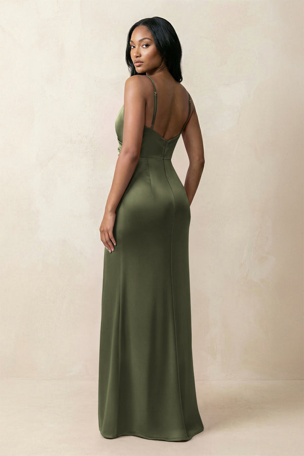 Spaghetti Strap Sheath Satin Ruched Bridesmaid Dress in Willow Green - KissProm Bridesmaid Dresses