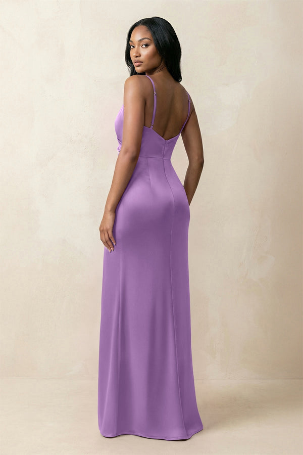 Spaghetti Strap Sheath Satin Ruched Bridesmaid Dress in Wisteria - KissProm Bridesmaid Dresses