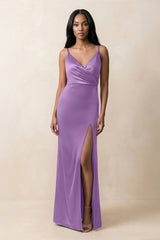 Spaghetti Strap Sheath Satin Ruched Bridesmaid Dress in Wisteria - KissProm Bridesmaid Dresses