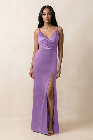 Spaghetti Strap Sheath Satin Ruched Bridesmaid Dress in Wisteria - KissProm Bridesmaid Dresses