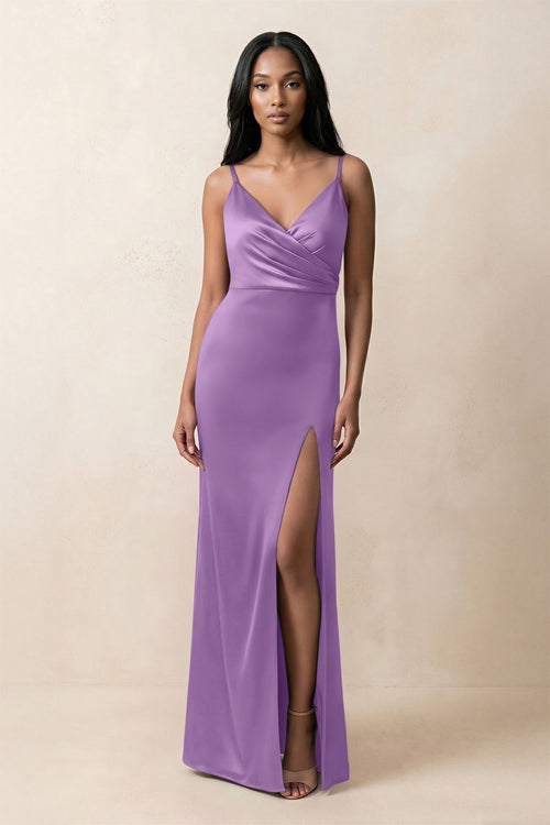 Spaghetti Strap Sheath Satin Ruched Bridesmaid Dress in Wisteria - KissProm Bridesmaid Dresses