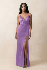 Spaghetti Strap Sheath Satin Ruched Bridesmaid Dress in Wisteria - KissProm Bridesmaid Dresses