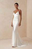 Spaghetti Strap Sheath Satin Wedding Dress With Slit in ivory - KissProm Wedding Dresses
