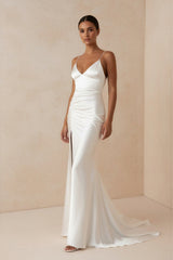 Spaghetti Strap Sheath Satin Wedding Dress With Slit in ivory - KissProm Wedding Dresses