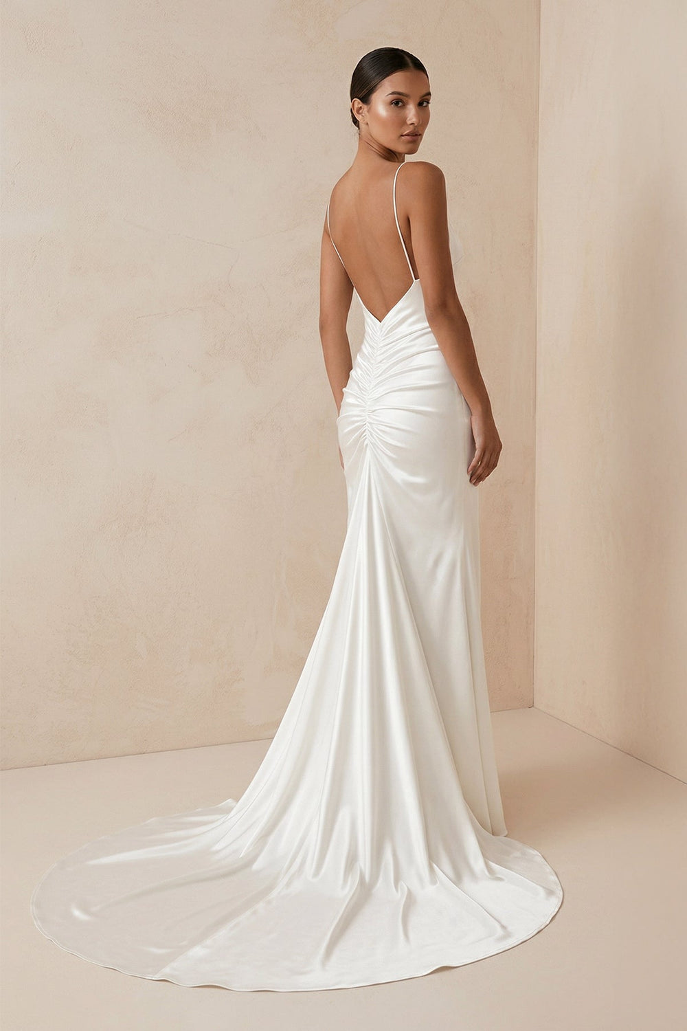 Spaghetti Strap Sheath Satin Wedding Dress With Slit in ivory - KissProm Wedding Dresses