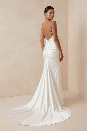 Spaghetti Strap Sheath Satin Wedding Dress With Slit in ivory - KissProm Wedding Dresses