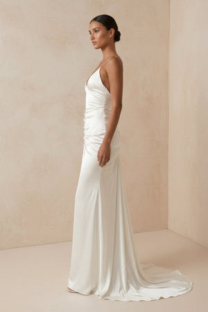 Spaghetti Strap Sheath Satin Wedding Dress With Slit in ivory - KissProm Wedding Dresses