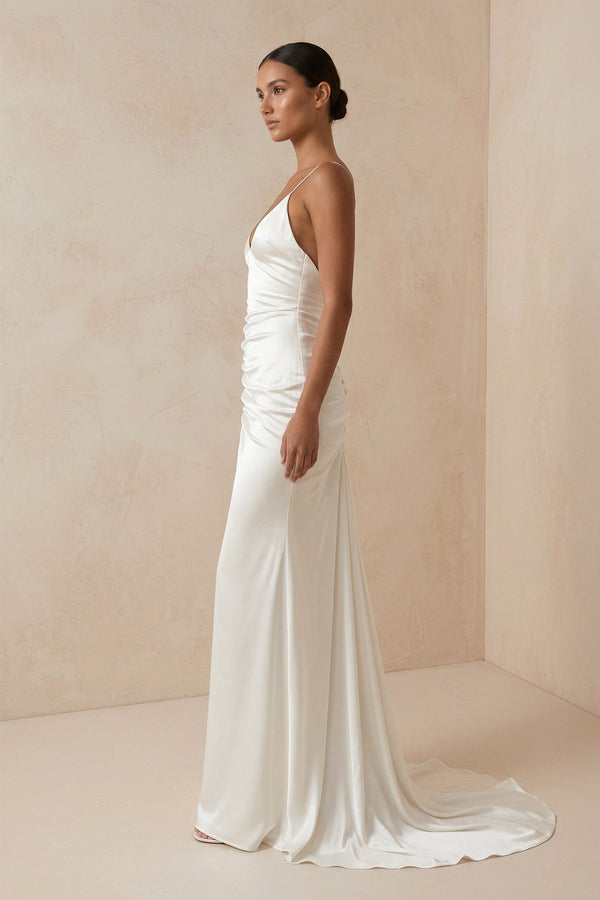 Spaghetti Strap Sheath Satin Wedding Dress With Slit in ivory - KissProm Wedding Dresses