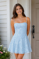 Sky Blue Spaghetti Straps A-Line Chiffon Jacquard Homecoming Dress | KISSPROM