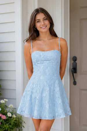 Sky Blue Spaghetti Straps A-Line Chiffon Jacquard Homecoming Dress | KISSPROM