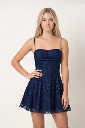 Navy Blue Spaghetti Straps A-Line Chiffon Jacquard Homecoming Dress | KISSPROM