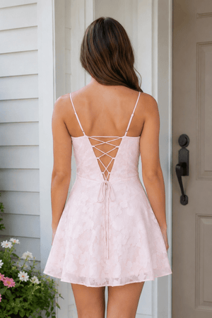 Pink Spaghetti Straps A-Line Chiffon Jacquard Homecoming Dress - KissProm