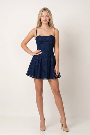 Navy Blue Spaghetti Straps A-Line Chiffon Jacquard Homecoming Dress | KISSPROM