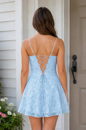 Sky Blue Spaghetti Straps A-Line Chiffon Jacquard Homecoming Dress | KISSPROM