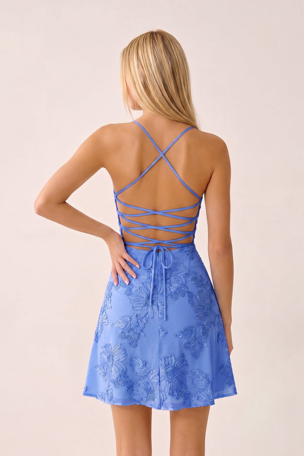 Periwinkle Spaghetti Straps A-Line Embroidered Tulle Homecoming Dress | KISSPROM
